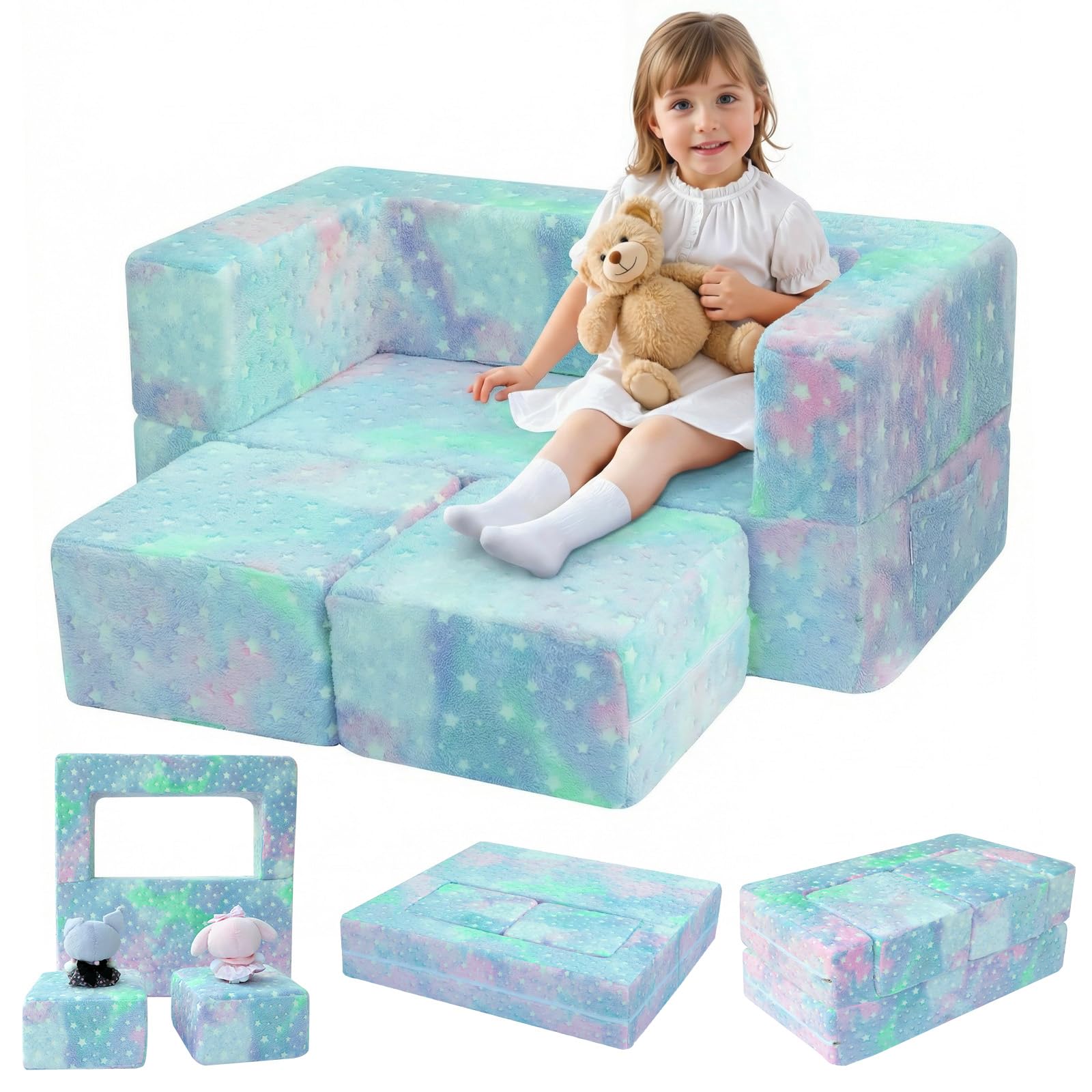 MeMoreCool Kids Sofa Bed, Modular Toddler Chair Couch, Glow in The Dark Baby Mini Couch Lounger Fold Out, Kids Bedroom Furniture for Playroom, Colourful Star — image 1