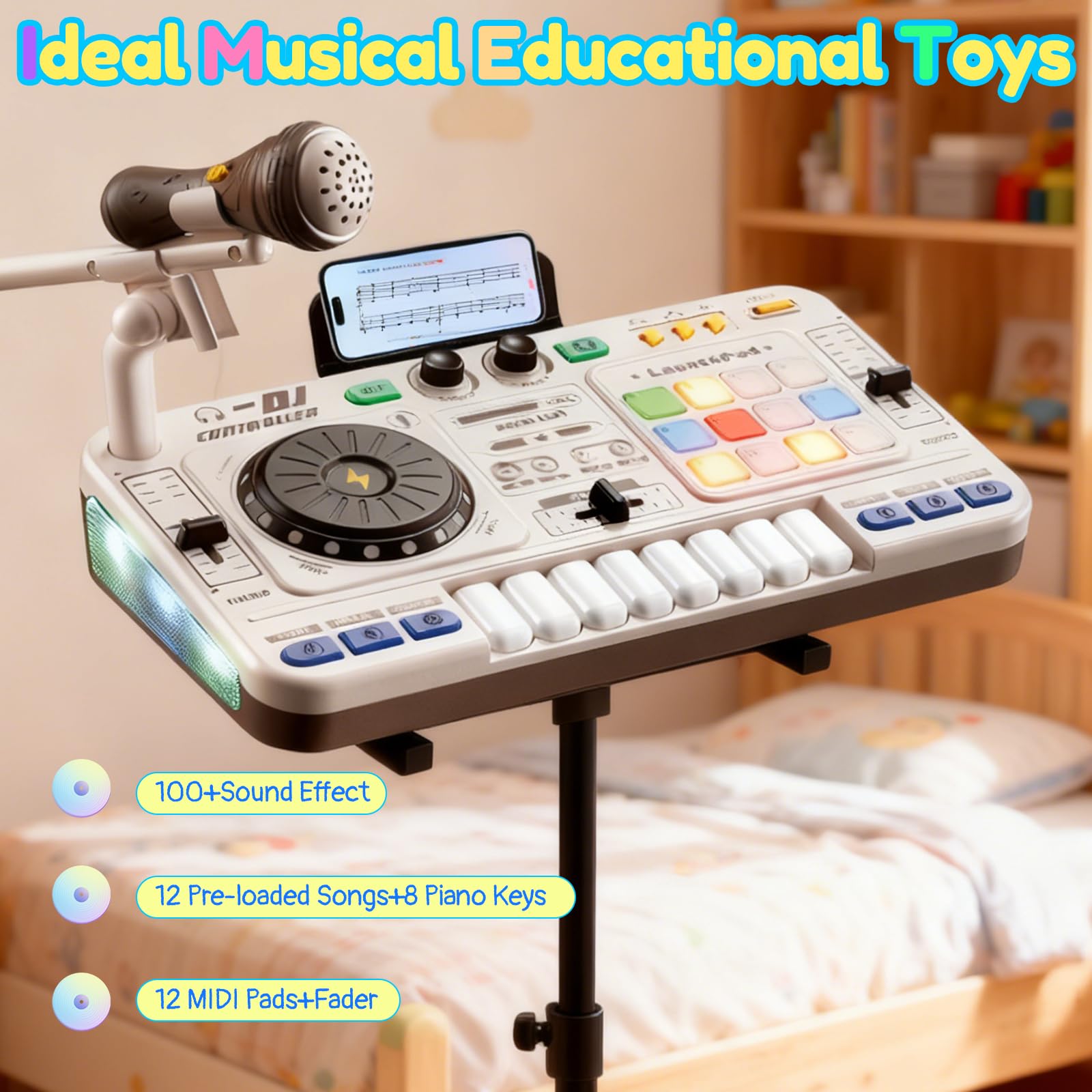 DJ Pult Kinder DJ Mischpult Kinder mit Mikrofon | Bluetooth Akku, 100 Soundeffekten, mit Aufnahmefunktion Interaktives Musik-Lernspielzeug für Jungen Mädchen 3-12 Jahre