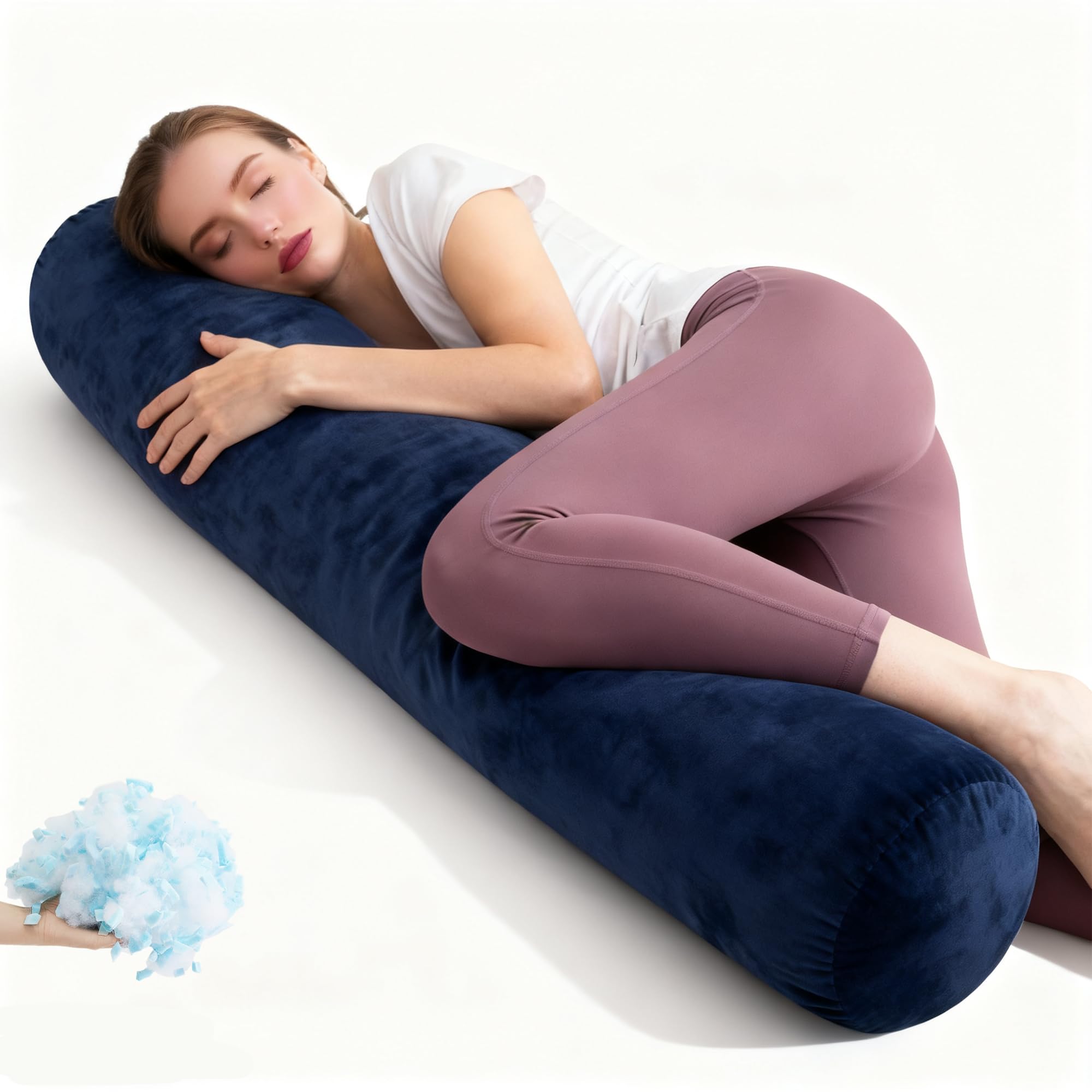 Bolster Memory Foam Body Pillow Long Roll Round Sausage Cylinder Pillow for Adults Bed Sleeping Hug Side with Velvet Cover Blue 120 x 20 CM