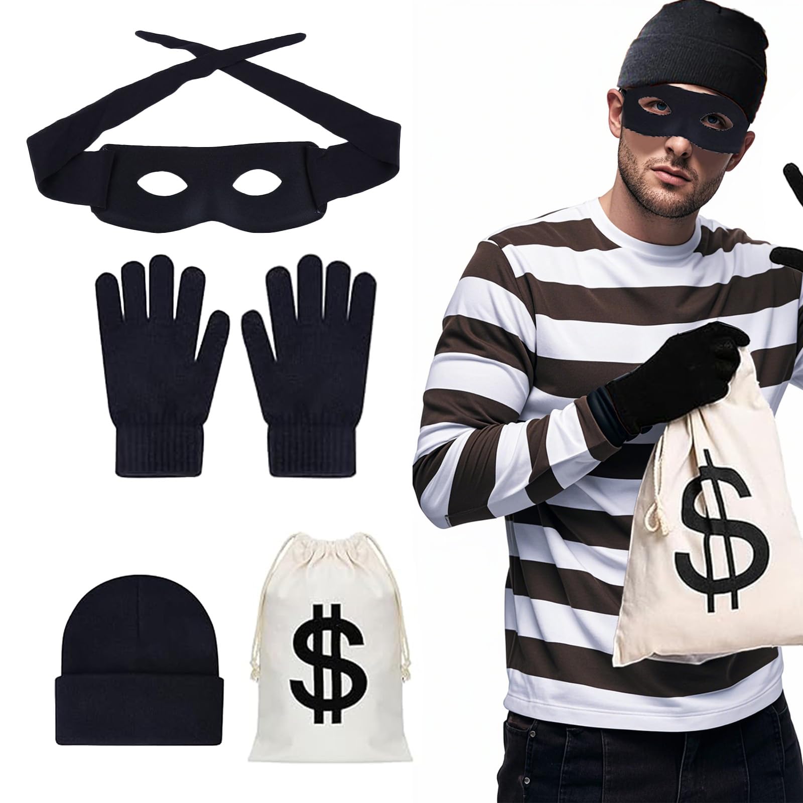 Lufdegim 4-Piece Bank Robber Costume, Thief Costume Set including Eye Mask, Gloves, Knitted Hat
