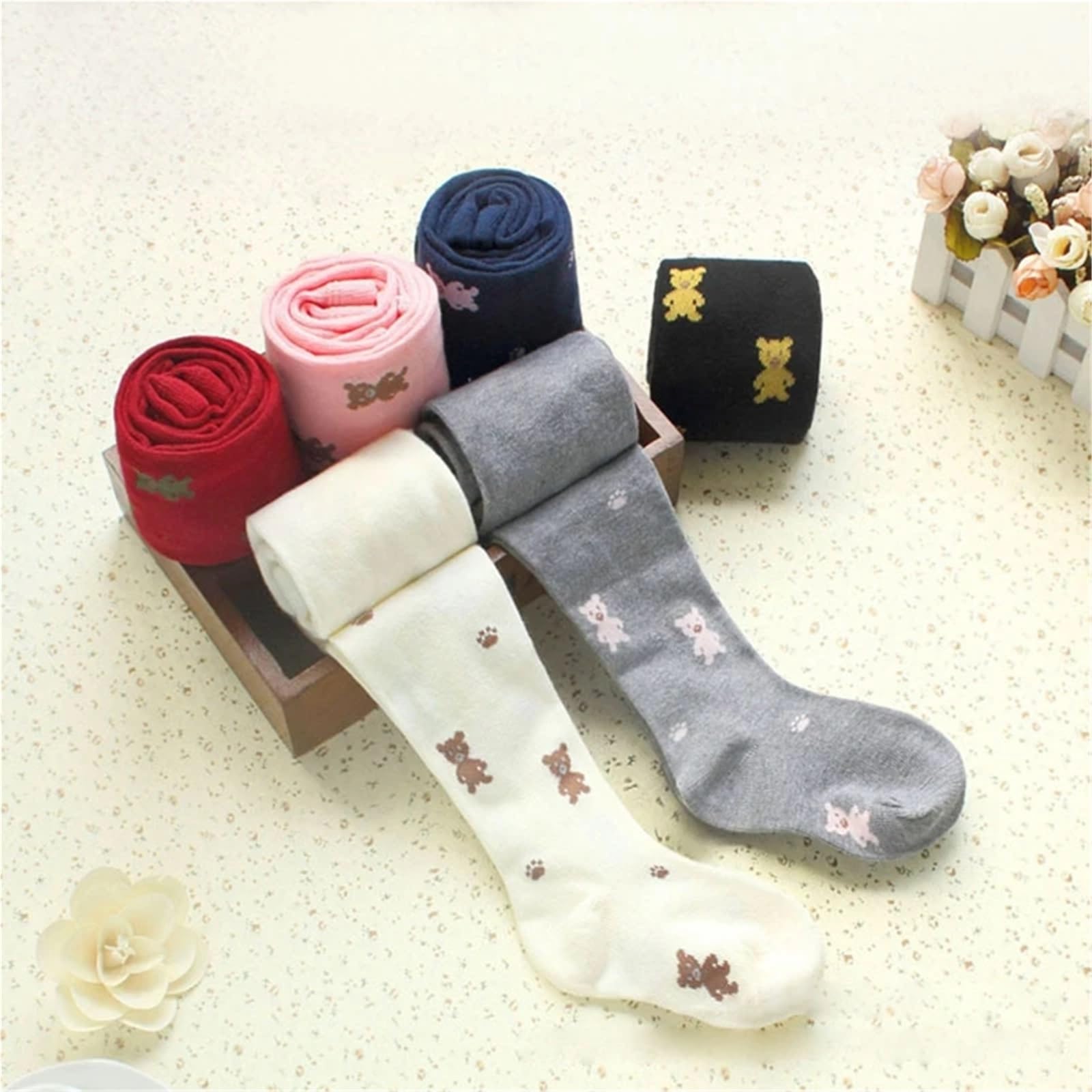 Pantimedias de Oso Lindo for niños de otoño y Primavera for niñas – Medias de algodón con Dibujos Animados for niños (2-6 años)(Black,S)