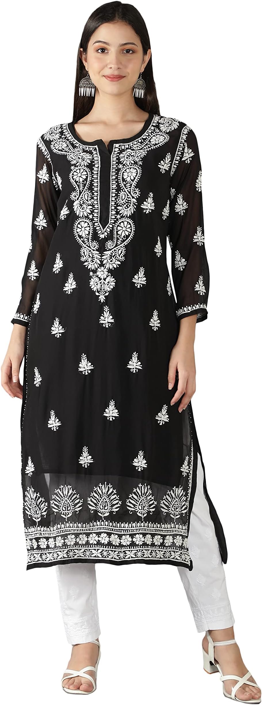 Seva ChikanHand Embroidered Lucknowi Chikankari Georgette Kurta Kurti with Matching Cotton Inner Slip for Women SCL4174