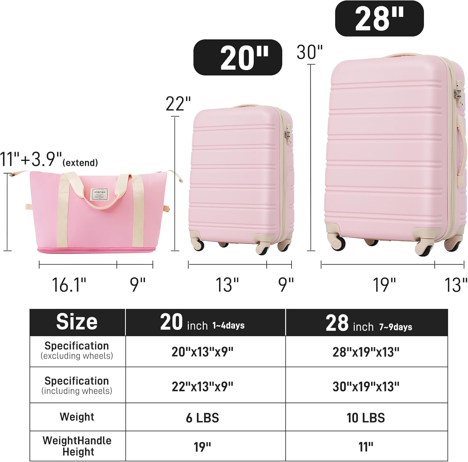 Merax 2 Piece Hardshell Luggage Set, 20”+28” Lightweight Suitcase with TSA Lock and a Travel Bag, Expandable Luggage with Spinner Wheels, Light Pink
