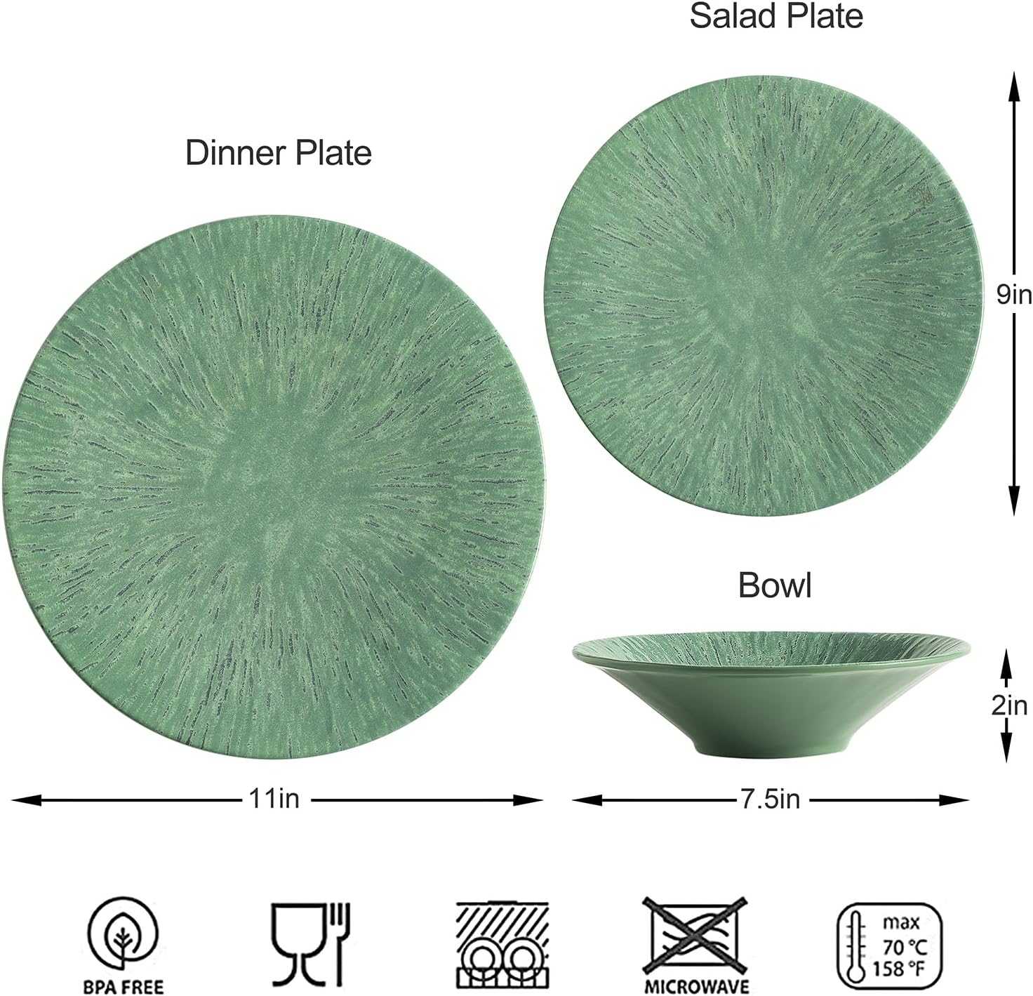 MissYIP 12 Pcs Dinnerware Set - Unbreakable Dish Set for 4, Dishwasher Safe Plates and Bowls - Ideal for Party, Camping, Indoor and Outdoor Use (Vintage Green)