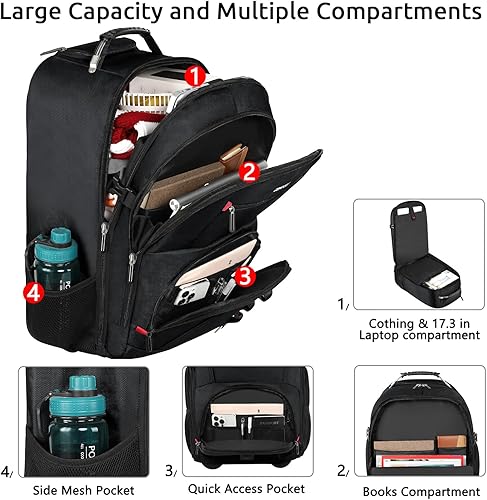 Miniatura 8 de ZOMFELT Mochila con ruedas, mochila de viaje con ruedas, mochila de mano con 3 cubos de embalaje, mochila para laptop con ruedas de 17.3 pulgadas