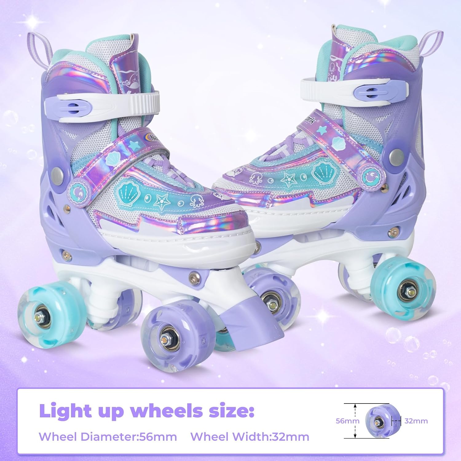 MammyGol Roller Skates for Girls Kids Boys, 4 Sizes Adjustable Quad Toddler Skates Indoor Outdoor Ages 3-8, Pink Blue Purple Green