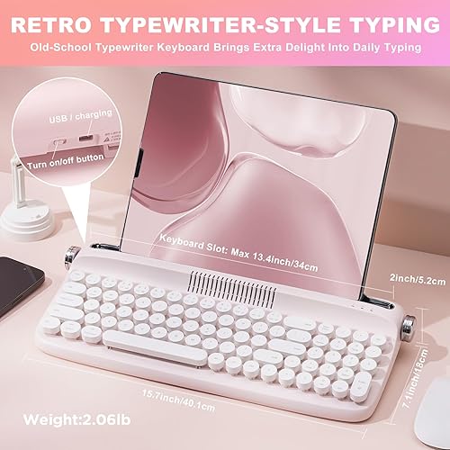 Miniatura 7 de YUNZII Teclado de máquina de escribir inalámbrico mejorado, con soporte integrado retro, USB-CBluetooth, bonitas teclas redondas, conexión