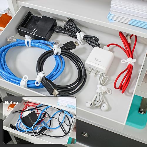 Miniatura 6 de OneLeaf 48 bridas de silicona para cables, bridas elásticas para organizador de cables, gestión de cables reutilizable, organizador de cables,