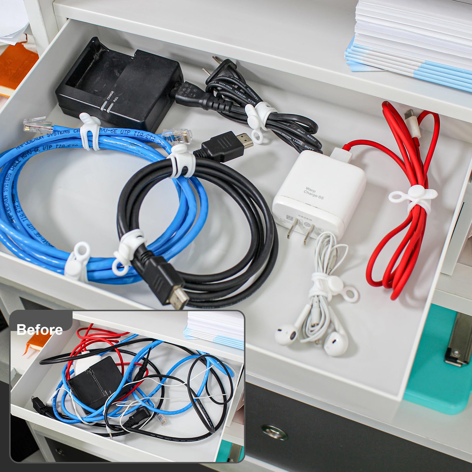 Kit organizador de cables de 48 piezas, bridas elásticas reutilizables de silicona, clips adhesivos fuertes para la gestión de cables, kit de gestión de cables multiusos para agrupar y sujetar varios
