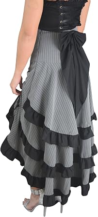 Gothic Victorian Steampunk Pinstriped Tiered Tail Long Bustle Gray Skirt 6 EU38