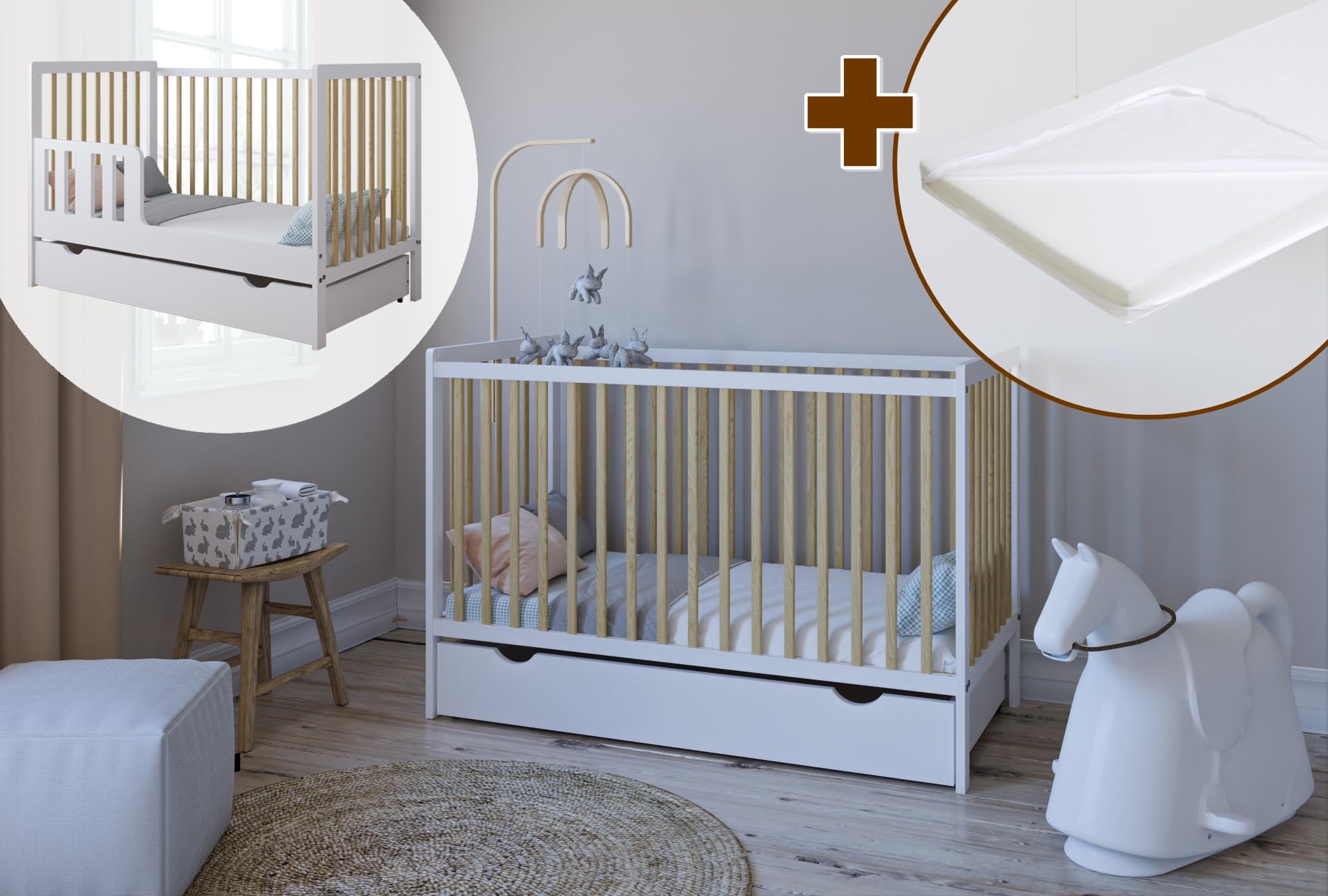 zee Cuna Bebé LUMI 120x60 cm 2 en 1 con Colchón Convertible en Cama Infantil Blanco Natural con Cajón y Barandilla Seguridad Madera de Pino Altura Regulable