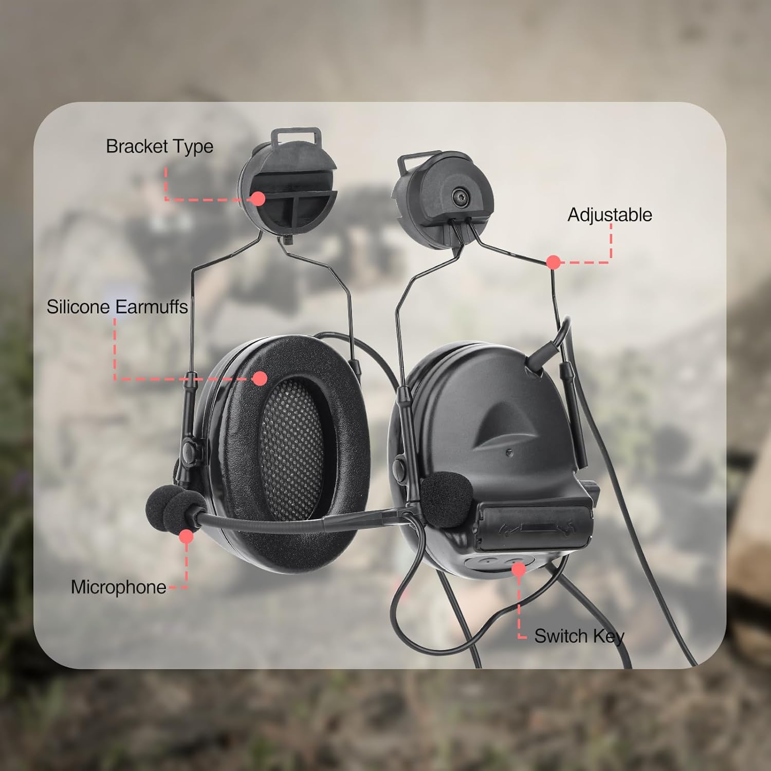 ARC Rail Adapter Ⅰ/ Ⅱ Tactical Helmet Headset with Replaceable Headphone Stand and U94 KEN PTT for Airsoft Sports