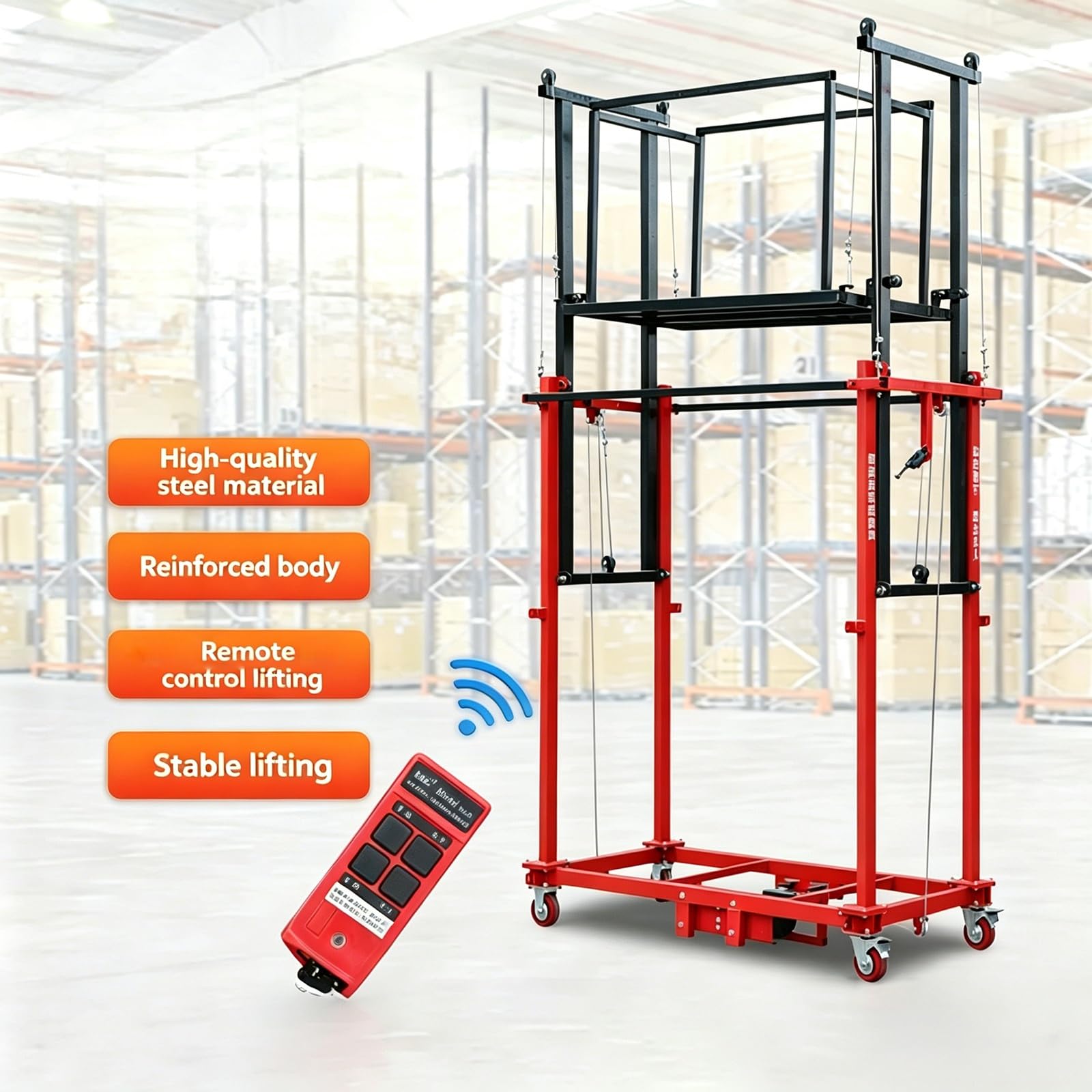 Andamio elevador eléctrico con control remoto, plataforma de acero con capacidad de 500 kg, para mantenimiento de almacenes y trabajo aéreo