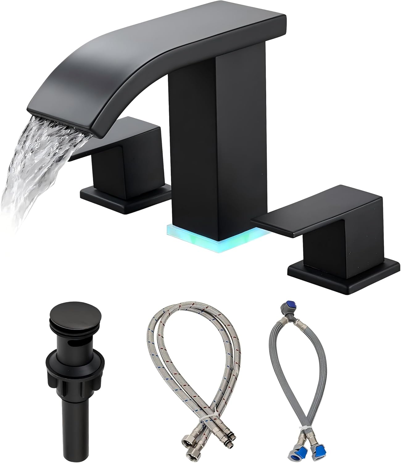 Bathroom Faucets Set Matte Black 8 inch Bathroom Sink Faucet 3 Hole with Pop Up Drain Widespread Modern Waterfall Vanity Faucet with 3 Colors Light Changing (Matte Black)