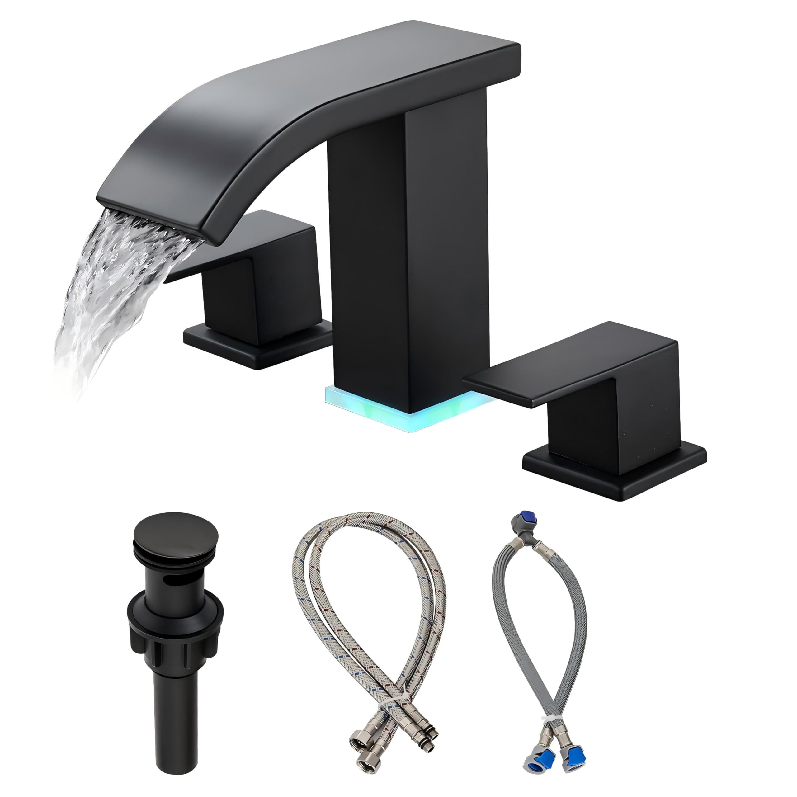 Bathroom Faucets Set Matte Black 8 inch Bathroom Sink Faucet 3 Hole with Pop Up Drain Widespread Modern
