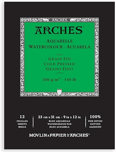 Almohadilla de acuarela Arches, prensa en frío, 9 x 12 pulgadas, 12 hojas - Papel de arte profesional para acuarela, gouache, tinta y acrílico