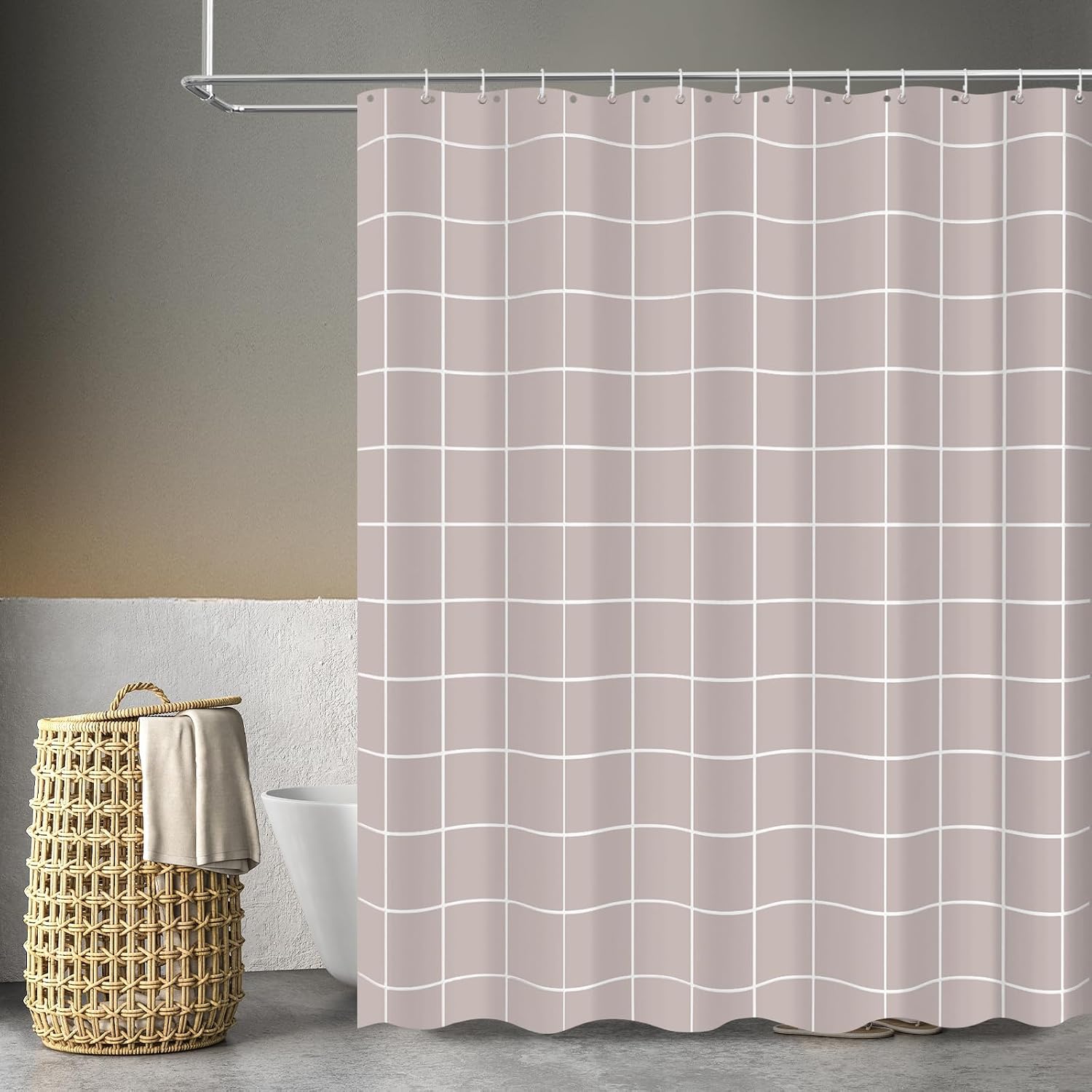 Tititex Net Taupe Grid Plaid Minimalist Shower Curtain, White Line Simple Modern Shower Curtain Sets Decoration 71x71 Inch with Hooks image 2