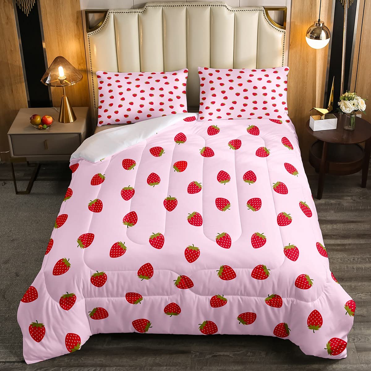 Juego de ropa de cama para niñas y niñas, diseño de fresas, color rosa