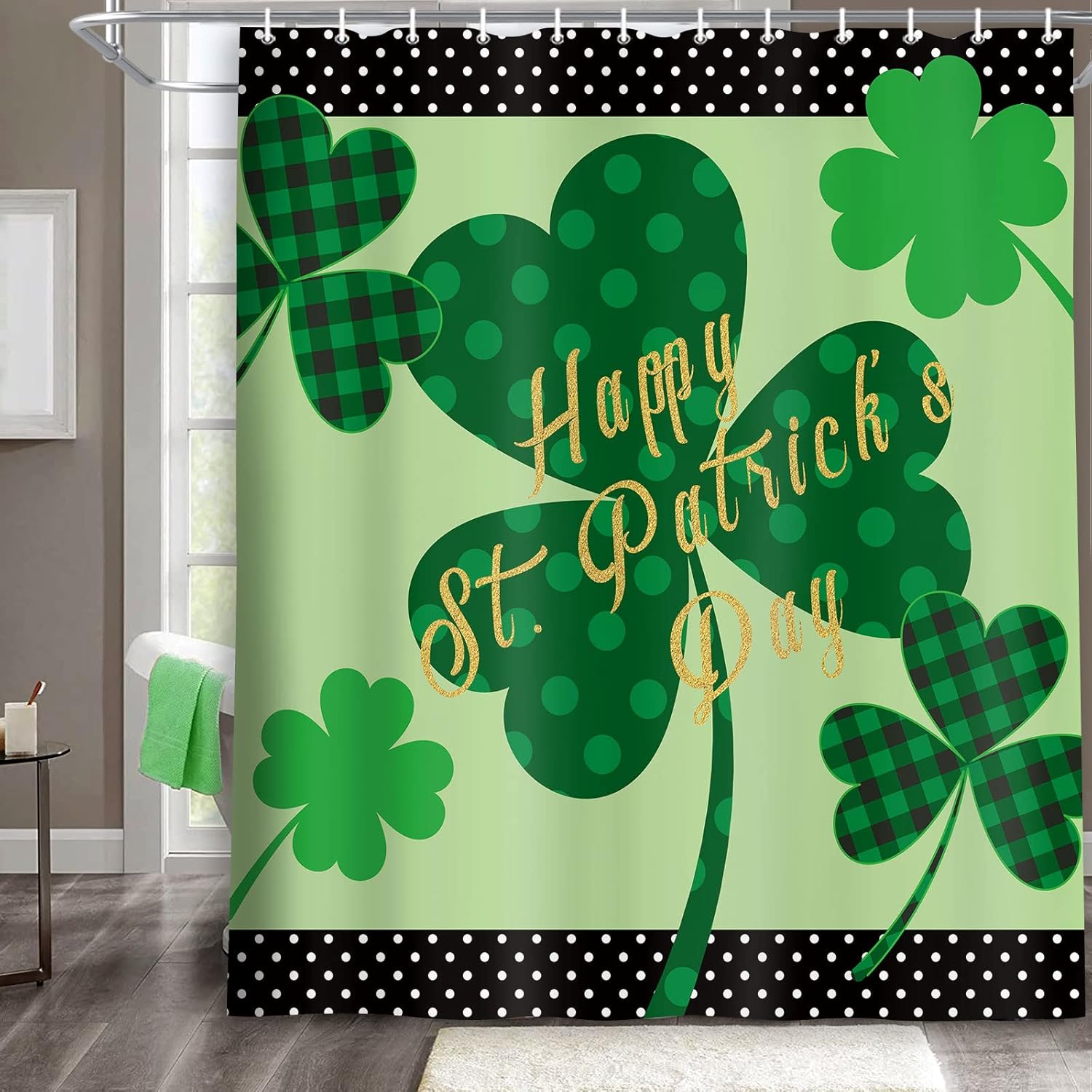MERCHR St. Patrick's Day Shamrock Shower Curtain - Large Clover Leaf Buffalo Check Plaid Farmhouse Bathroom Curtains Set with 12 Hooks, 71x71 Inches Green/Black