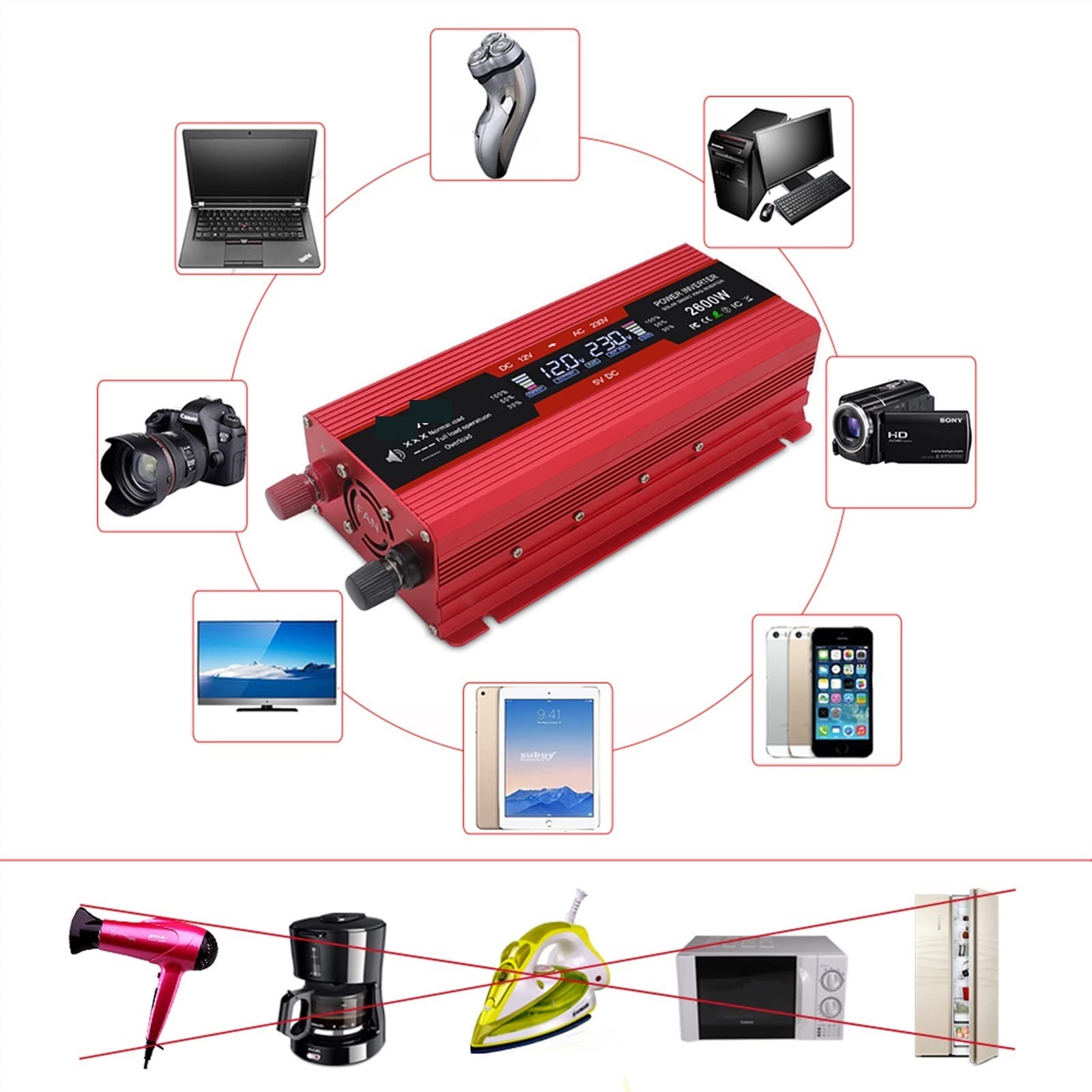 Inversor de Coche Pantalla LCD DC 12V a AC 220 1500W / 2000W / 2600W Transformador de Alta frecuencia de Potencia 12 220 Camping(12V 2000W)