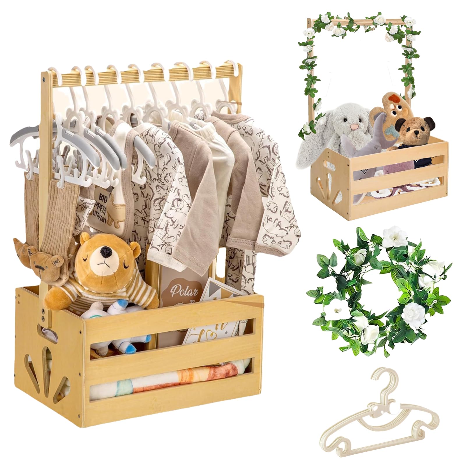 Panier En Bois Pour BéBé, Cadeaux De Baby Shower Cadeau Pour Nouveau-Né Avec Rotin Rose Blanc Et 5 Cintres Pour Baby Shower De Nouveau-Né Nouveaux Parents