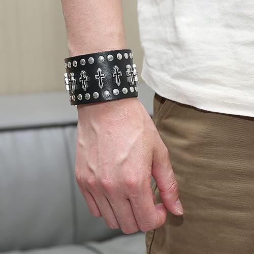 Miniatura 6 de STWTR Negro remaches de metal tachuelas punk rock biker cinturón ancho cuero pulsera guardia correa de muñeca calavera