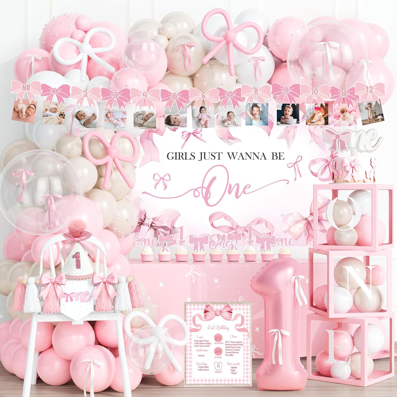 Pink Bow 1st Birthday Decorations, 133 PCs First Birthday Party Supplies for Girl, Pink White Balloon Arch Box Girls Just Wanna Be One Backdrop Banner Poster for Coquette Party