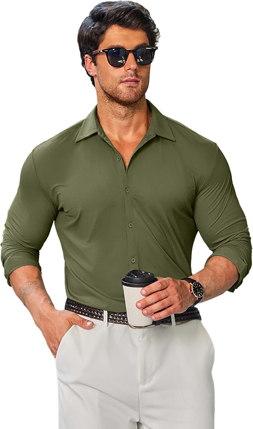 COOFANDY Mens Stretch Dress Shirts Muscle Fit Wrinkle Free Long Sleeve Button Down Shirt Business Casual Shirts - Image 2