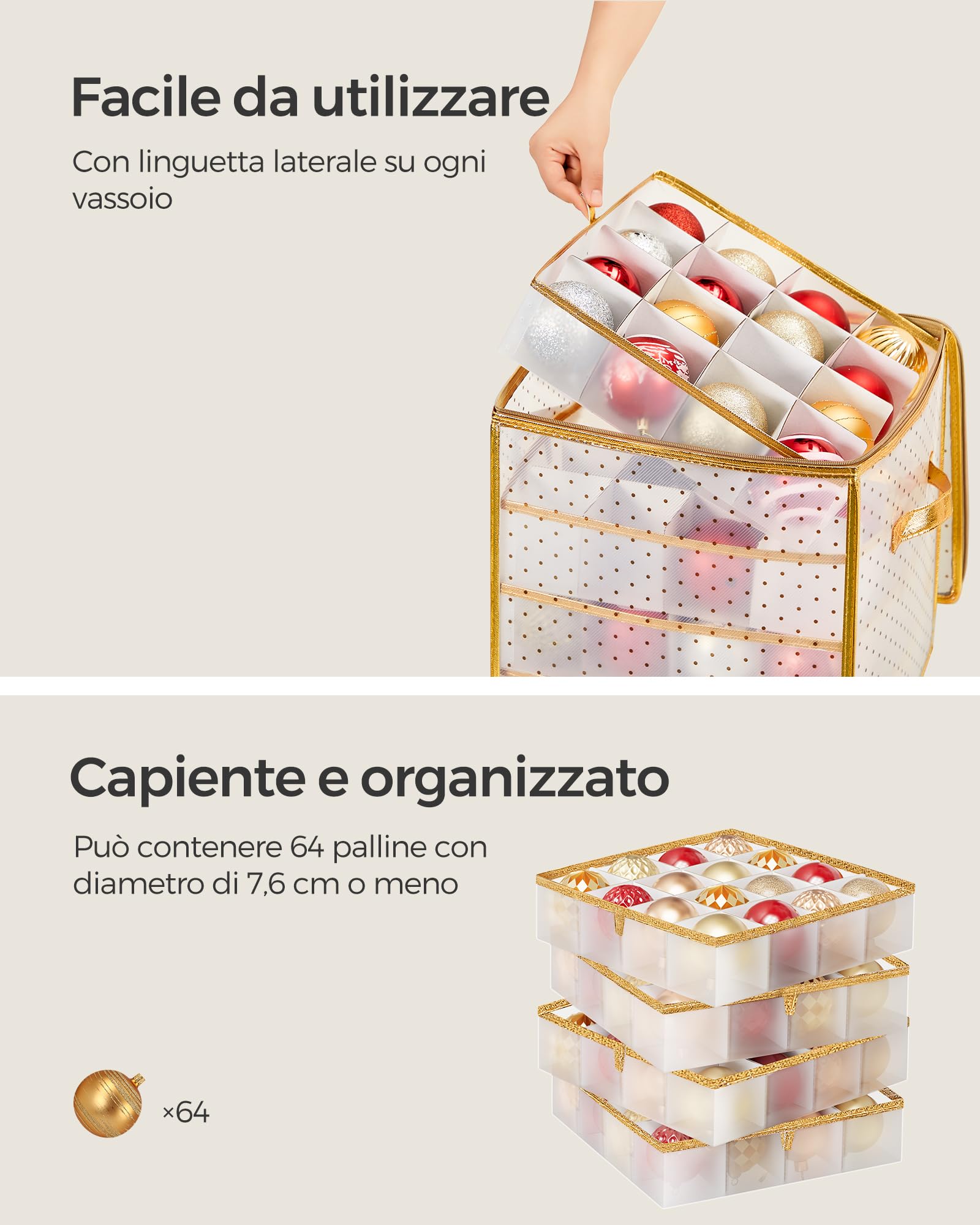 SONGMICS Contenitore per Palline di Natale, Scatola per Decorazioni Natalizie, 64 Posti da 7,6 cm, Vassoi Rimovibili, 33,5 x 33,5 x 34 cm, Dorato Sabbioso RFB029A03