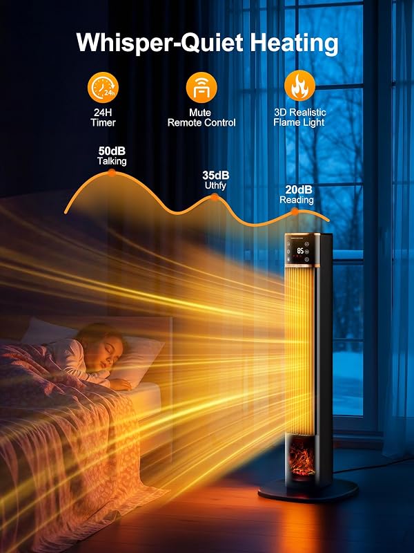 Uthfy Space Heater for indoor use, Large Room Heater with 3D Flame Effect, 1500W Portable Electric Heater with ECO, 90° Oscillating, Remote, PTC Ceramic Heaters for Bedroom, Office, Home by Uthfy - Image 9