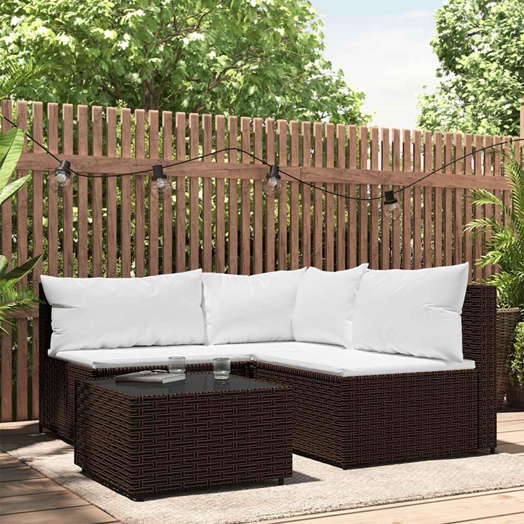 4 Piece Brown and Cream White Patio Lounge Set, Contemporary Outdoor Modular Seating with Tempered Glass Table, Durable PE Rattan Furniture for Balcony and Garden Relaxation