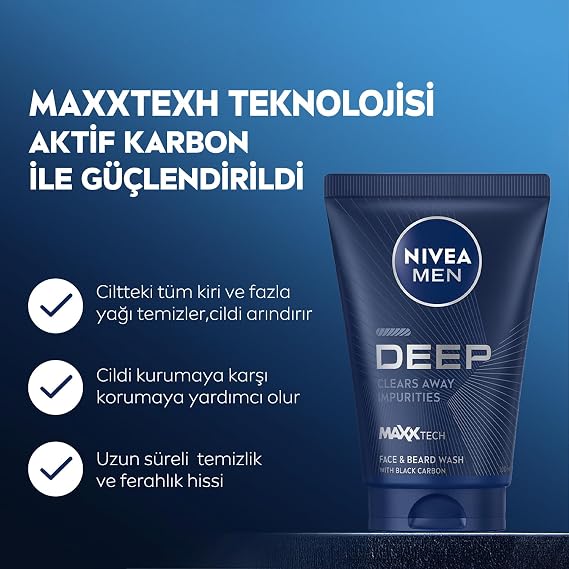NIVEA MEN Men's Face and Beard Cleansing Gel Deep Dimension 100 ml, Moisturizing, Oil Purifying, Active Carbon, All-Day Refreshment