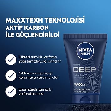 NIVEA MEN Men's Face and Beard Cleansing Gel Deep Dimension 100 ml, Moisturizing, Oil Purifying, Active Carbon, All-Day Refreshment