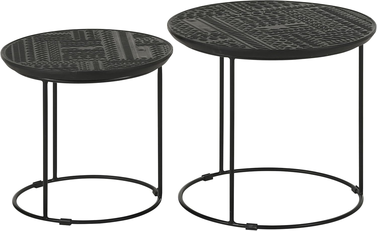 Pemberly Row 2-Piece Round Mango Wood Nesting Table Set, Matte Black Metal Frame, Embossed Wood Top Design, Space-Saving Contemporary Style, Large and Small Tables for Compact Living Spaces