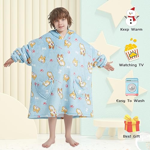 Miniatura 175 de Wearable Blanket Hoodie for Kids Oversized Sherpa Blanket Hoodie for Kids Boys Girls Teens 6-13YR,Navy Shark
