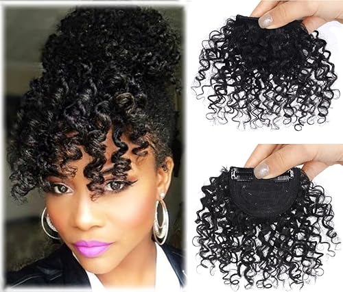 Extensiones de cabello rizado Afro Kinly con clip, fleco de fleco falso natural, flequillo corto y rizado, cabello humano con clip, pieza de cabello