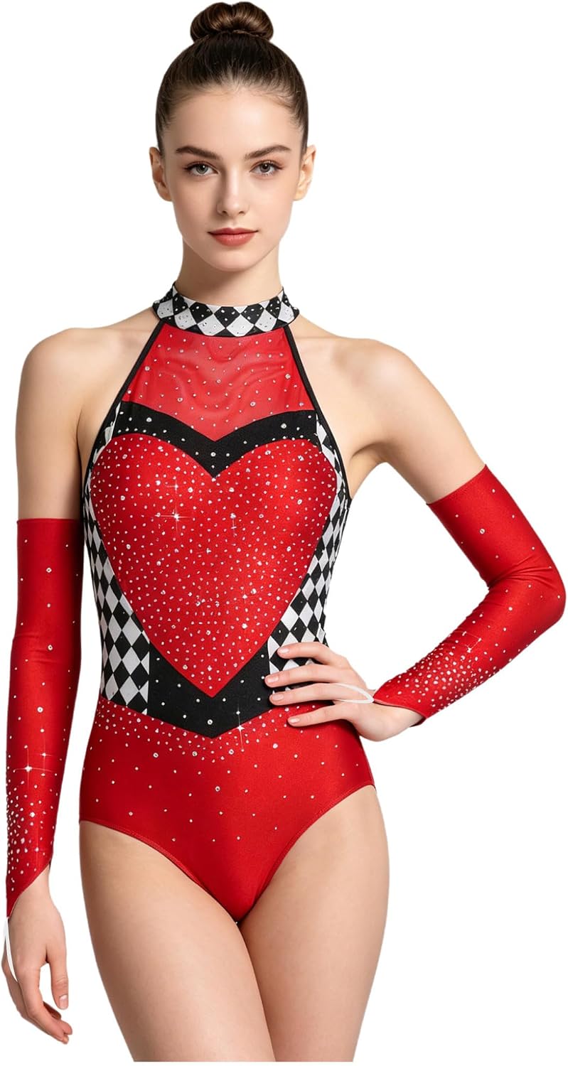 JanJean Women Heart Queen Costume Checkered Printed Dance Bodysuit