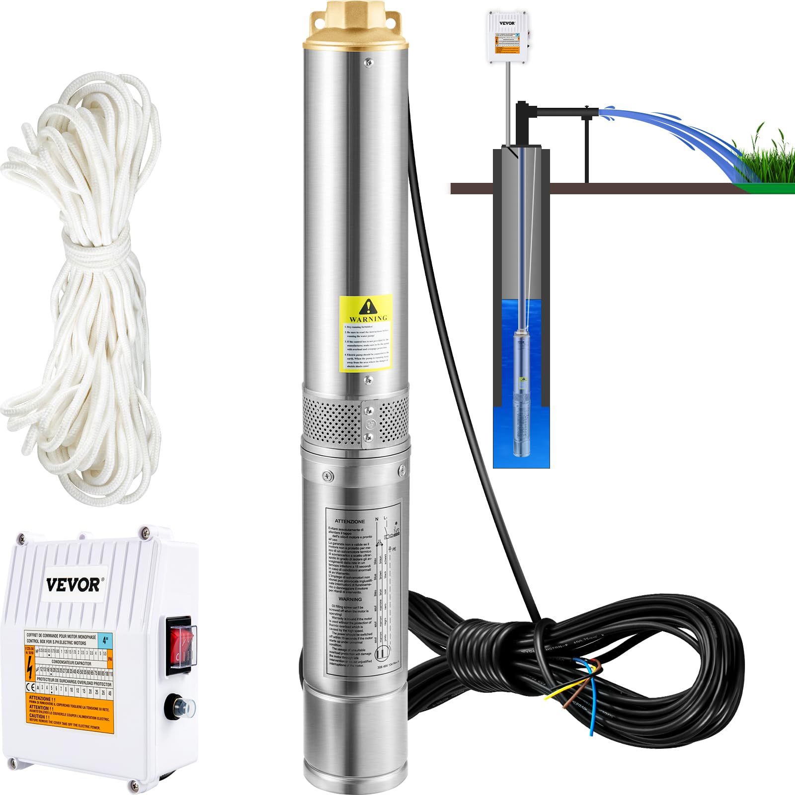 VEVOR Pompa Sommersa per Pozzo 370W Flusso 110L/​min per Piscina Giardino Orto in Acciaio Inox, Pompa Sommersa per Pozzi Profondi 230V Prevalenza Max. 44m con Scatola Controllo Esterna