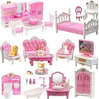 Dollhouse Furniture Set - 38 Pcs,Miniature Accessories with Cat,Dog, Kitchen, Bedroom, Living Room & Bathroom - Doll House Accessories and Furniture Toys for Boys Girls Age 3+
