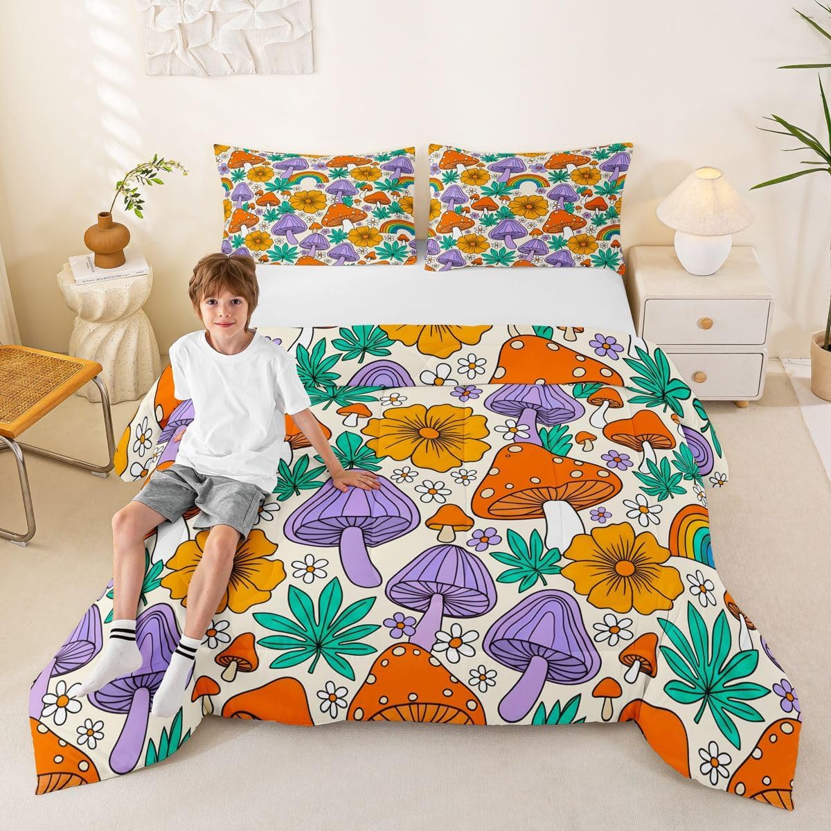 Feelyou Mushroom Comforter Set Rainbow Eyed Print Bedding Set Retro 60S 70S Floral Comforter Flowers Groovy Quilted Duvet Set for Kids Boys Girls Queen Size with 2 Pillow Case