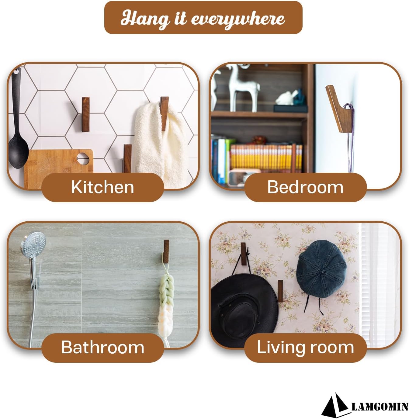 Wood Wall Hooks, 4 Pack Rustic Wood Coat Hooks, Minimalist Hat, Backpack, Jacket, Towel Hangers, Decorative Mounted Pegs, Durable Wall Hooks for Entryway, Bathroom and Kitchen - Image 3