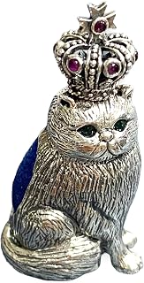 Victorian Style Collectable Royal Cat and Crown with Emerald and Ruby Stone Pin Cushion 925 Sterling Silver Sewing Needle