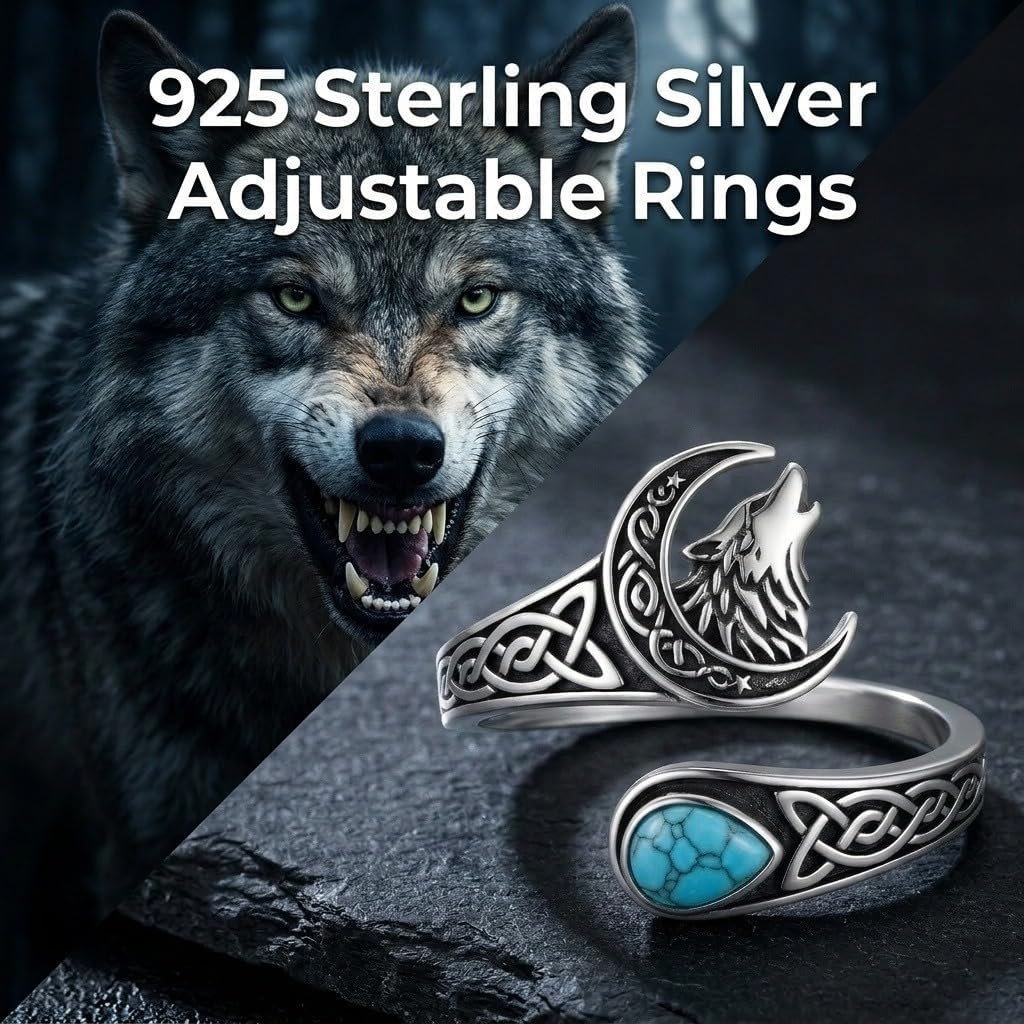 ONEFINITY Wolf Ring 925 Sterling Silver Turquoise Celtic Knot Wolf Spoon Adjustable Open Ring Viking Jewelry Gifts for Women Men