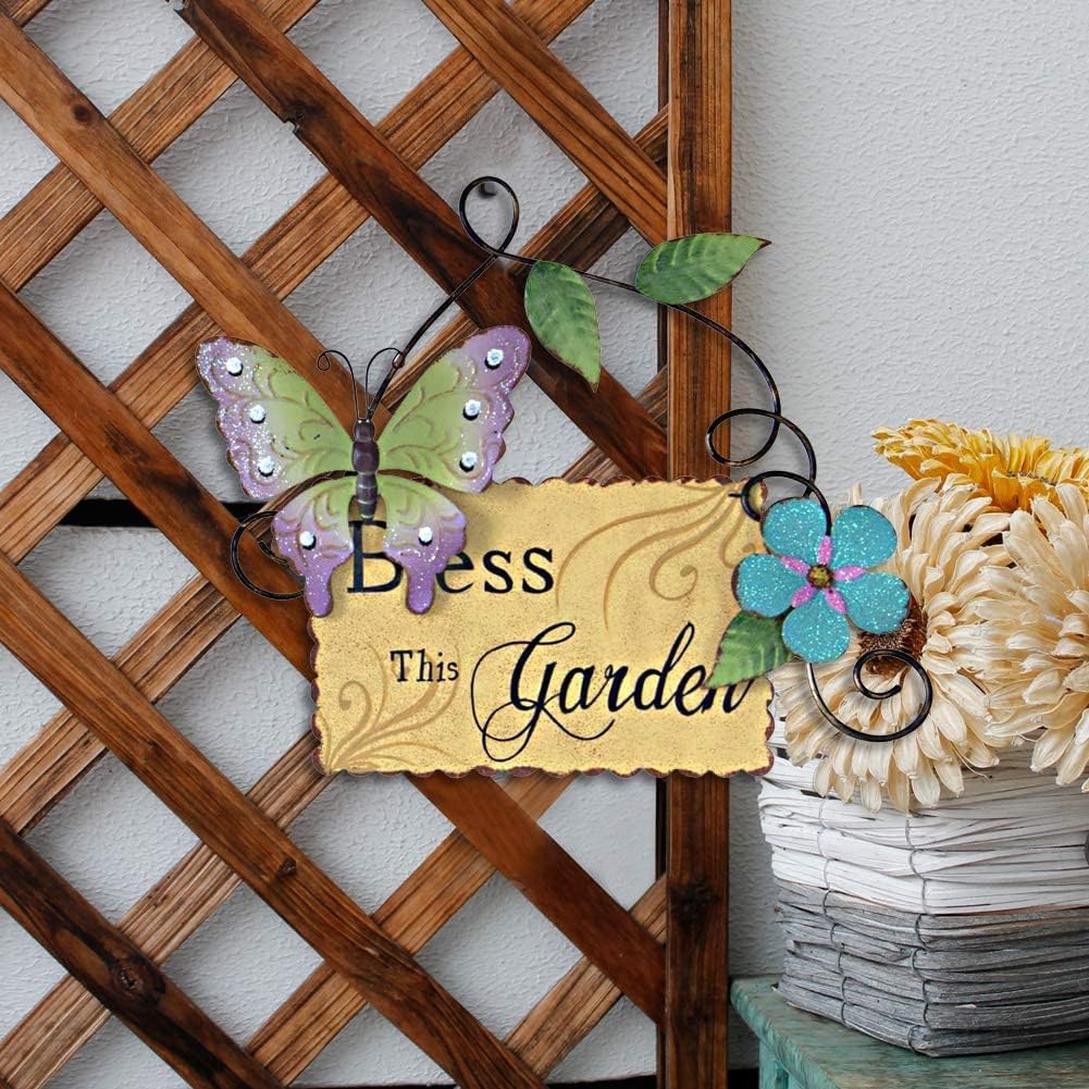 Morning View Set of 3 Vintage Metal Garden Sign with Butterfly Daisy and Leaf, Decorative Hanging Welcome Plaque for Garden Patio Porch Yard Wall Outdoor Decor