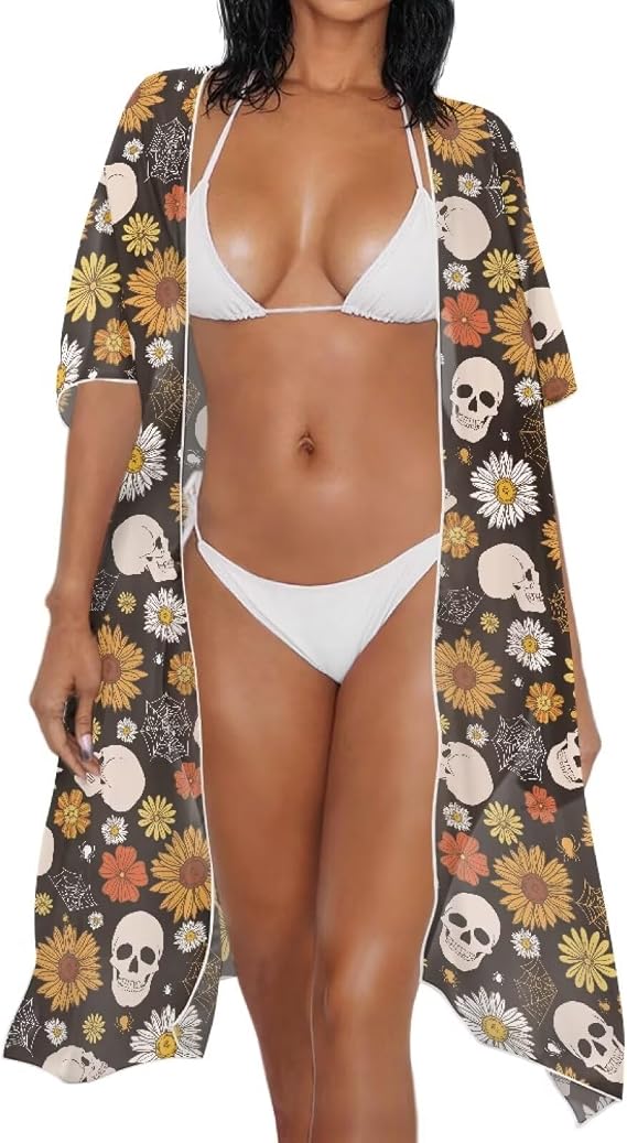 Women's Kimonos Swimsuit Coverups Bikini Swimwear Sheer Beach Cover Up Floral Print Casual Plus Size Cardigan