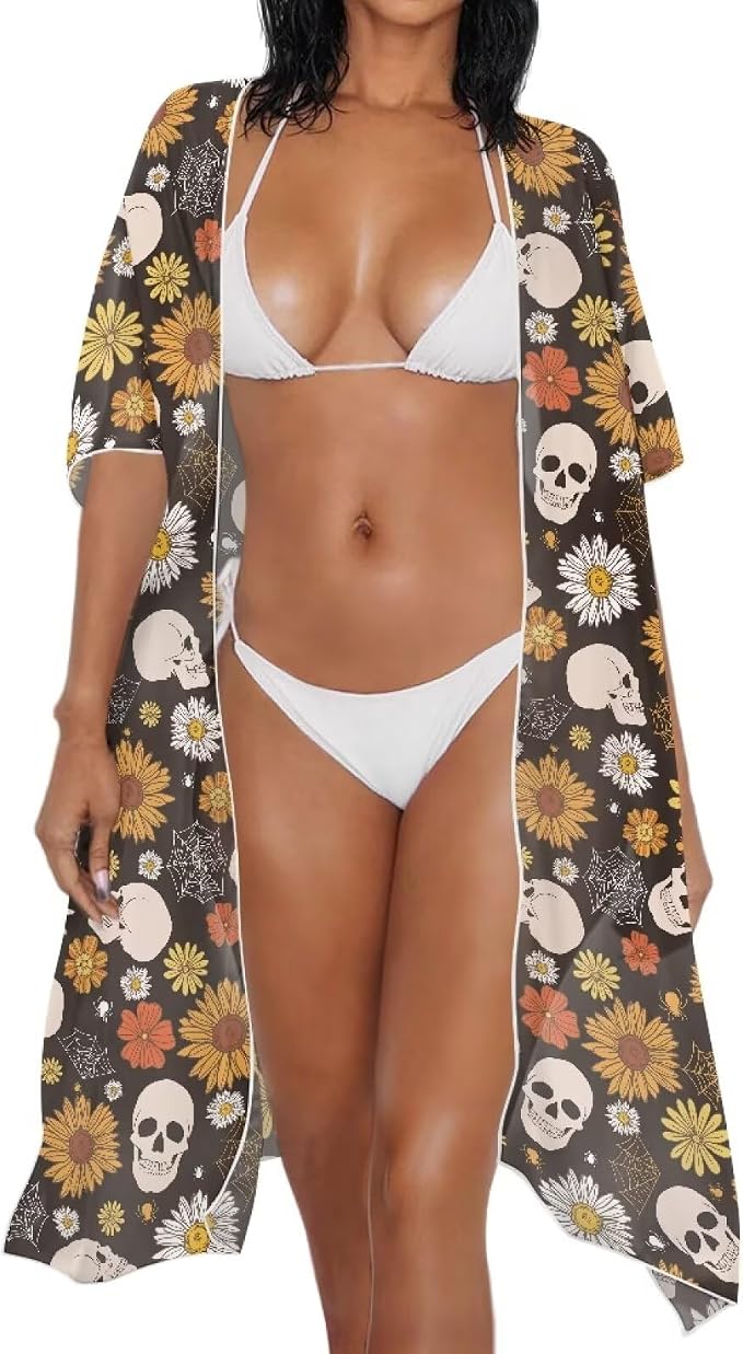 Women's Kimonos Swimsuit Coverups Bikini Swimwear Sheer Beach Cover Up Floral Print Casual Plus Size Cardigan