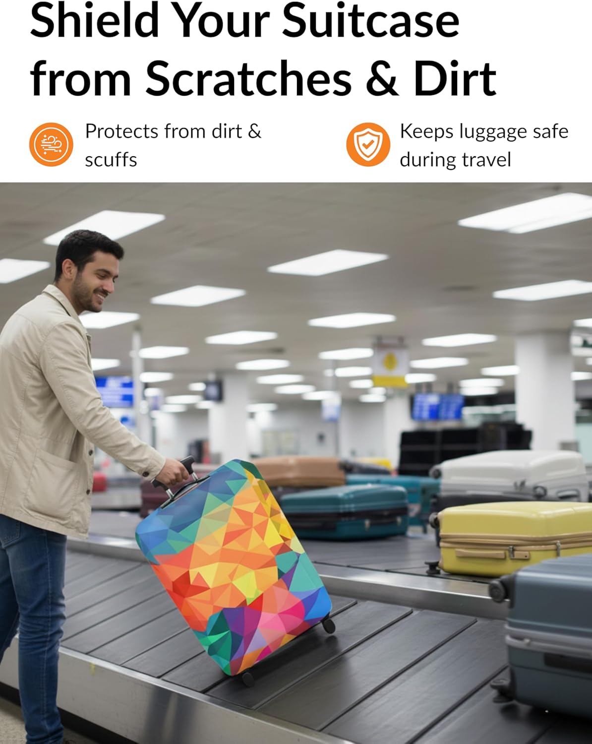 Rainbow Geometric Luggage Cover Size M 22-25 Inch, Stretchable Washable Suitcase Protector, Dustproof Scratch Resistant Travel Baggage Sleeve, Colorful Polygon Print for Hard Shell Medium Suitcases