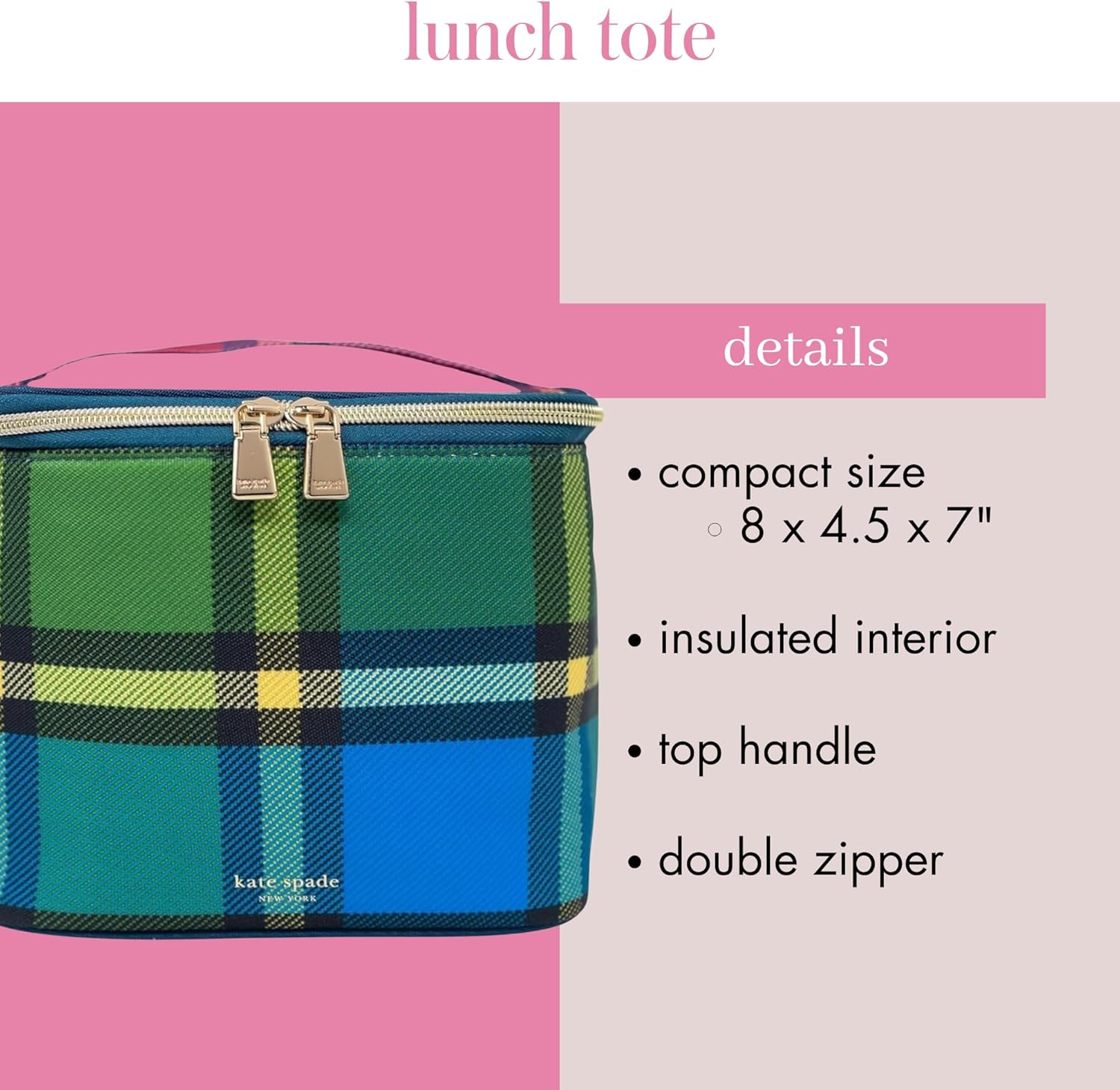 kate spade new york Insulated Lunch Tote, Small Lunch Cooler, Cute Lunch Bag for Women, Thermal Bag with Double Zipper Close and Carrying Handle, Grand Plaid Duo - Image 3