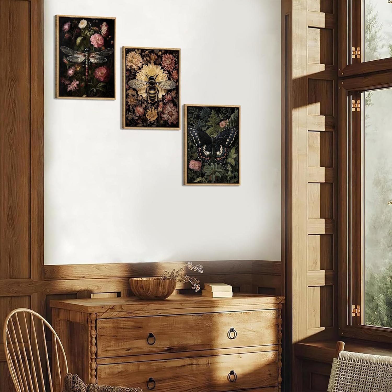3Pcs Framed Vintage Insect Wall Art Paintings Dark Floral Wall Decor Pictures Dark Academy Dragonfly Butterfly Bee Prints Gothic Moody Artwork for Living Room Gallery Decoration 12x16in