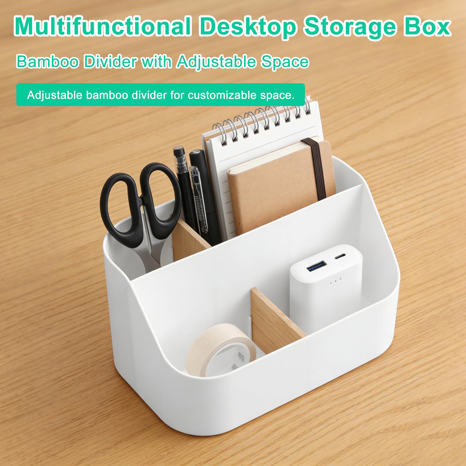 XRVRILE Desk Organiser White with Bamboo Dividers - Flexible